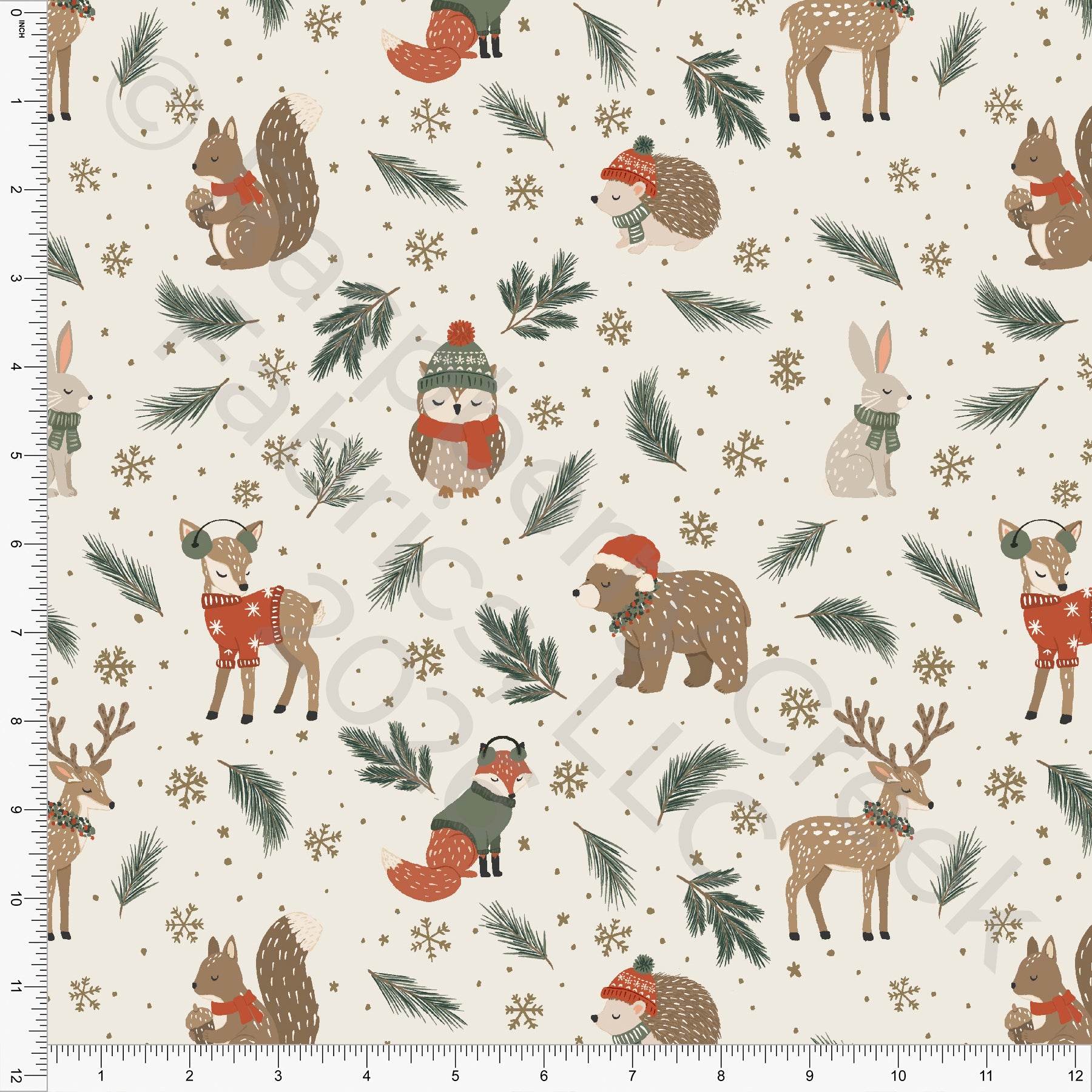 Cream Tonal Khaki Hunter Green Rust Cozy Winter Animals, Woodland Noel by Brittney Laidlaw for CLUB Fabrics