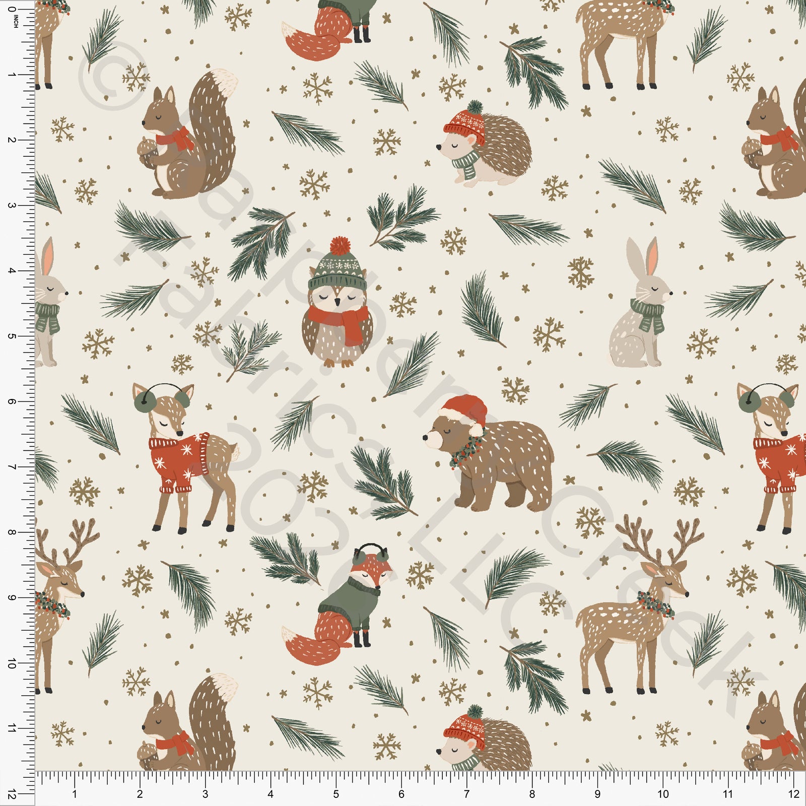 Cream Tonal Khaki Hunter Green Rust Cozy Winter Animals, Woodland Noel by Brittney Laidlaw for CLUB Fabrics