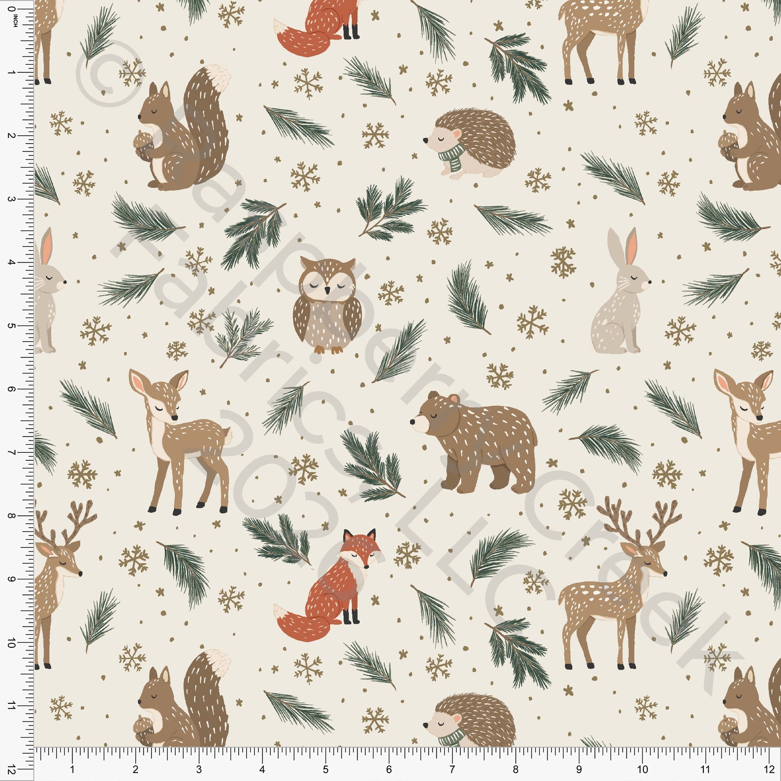 Cream Tonal Khaki Hunter Green Winter Animals, Woodland Noel by Brittney Laidlaw for CLUB Fabrics