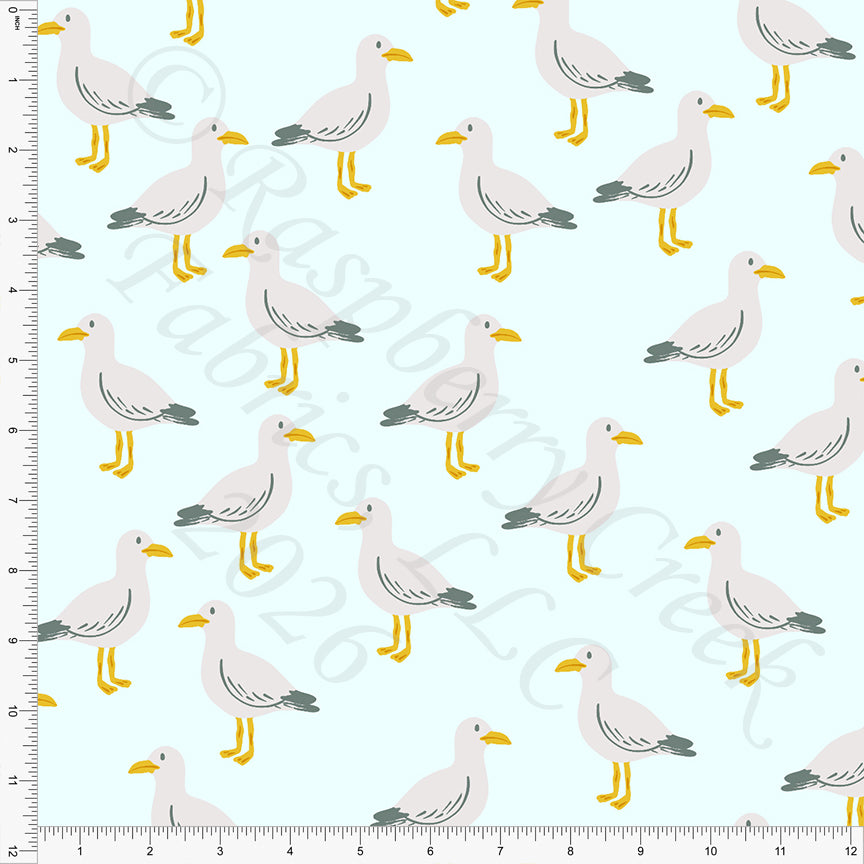 Light Mint Mustard Grey Seagulls Fabric, Beachy by Brittney Laidlaw for CLUB Fabrics