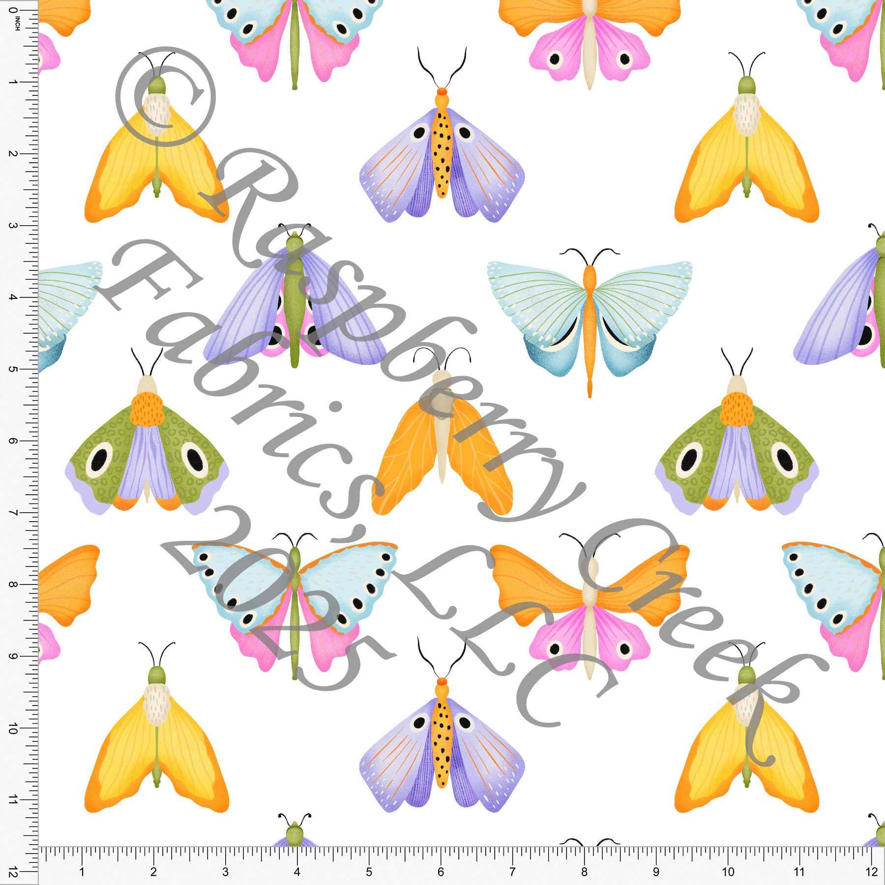 Bright Pink Purple Lime Mustard Moths Fabric, Bright Spring Bugs by Brittney Laidlaw for CLUB Fabrics