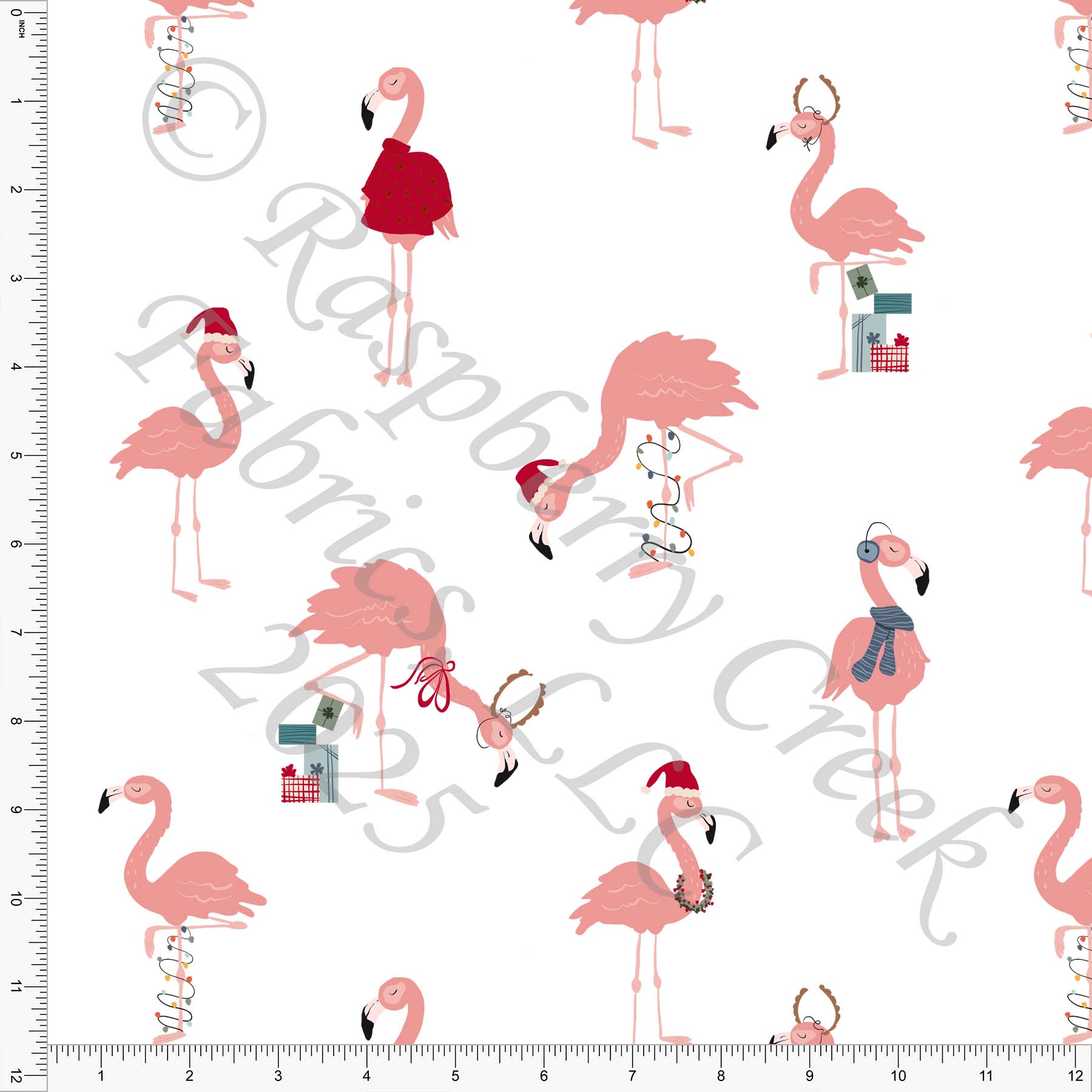 Flamingos Presents Light Salmon Red Steel Blue FaLaLaMingo Christmas by Brittney Laidlaw for Christmas 2025 CLUB Fabrics