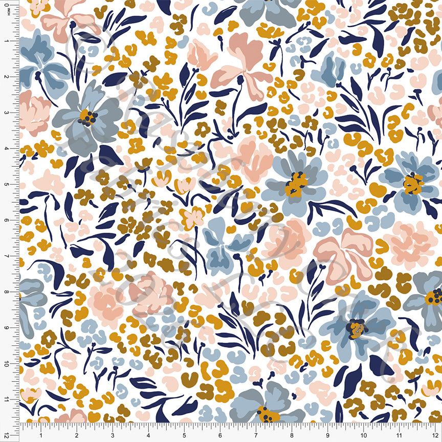 Steel Blue Dusty Pink Mustard Abstract Floral, Fall Florals by Brittney Laidlaw for CLUB Fabrics
