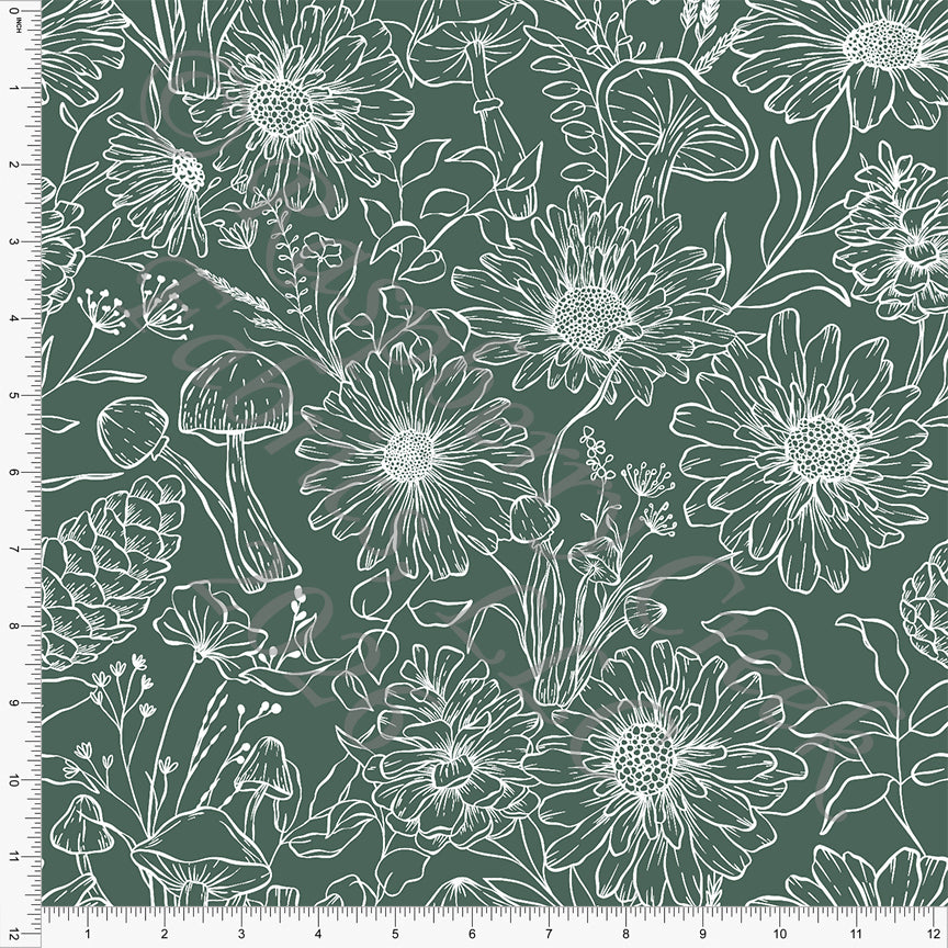 Light Hunter Green Line Drawn Floral, Ponte by Brittney Laidlaw for CLUB Fabrics