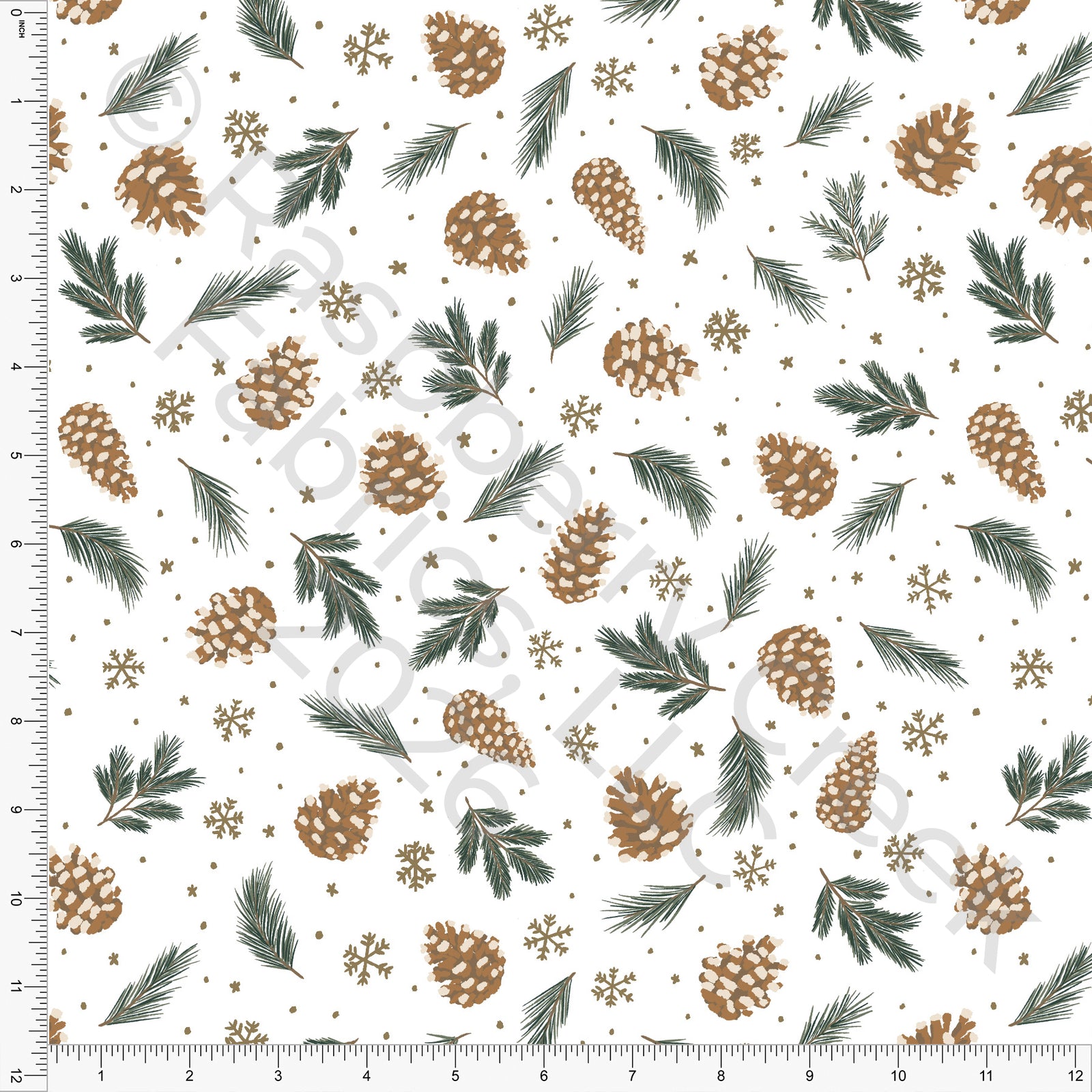 Hunter Green Tonal Khaki Pines and Cones, Woodland Noel by Brittney Laidlaw for CLUB Fabrics