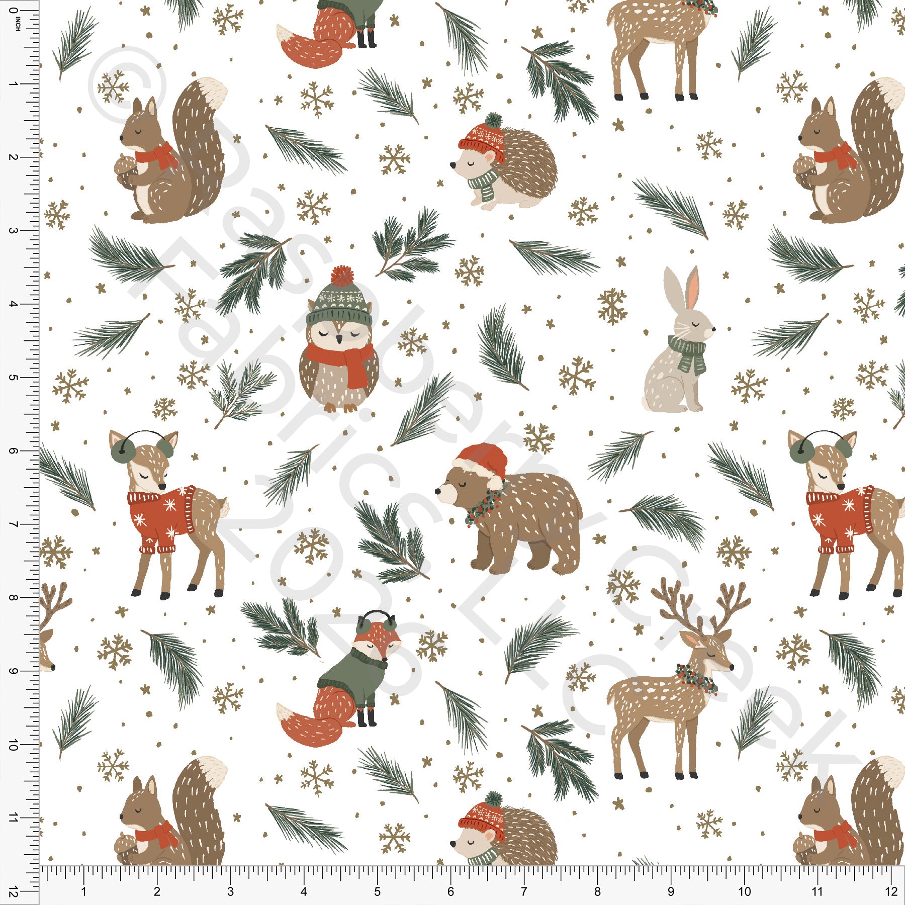 Tonal Khaki Hunter Green Cozy Winter Animals, Woodland Noel by Brittney Laidlaw for CLUB Fabrics