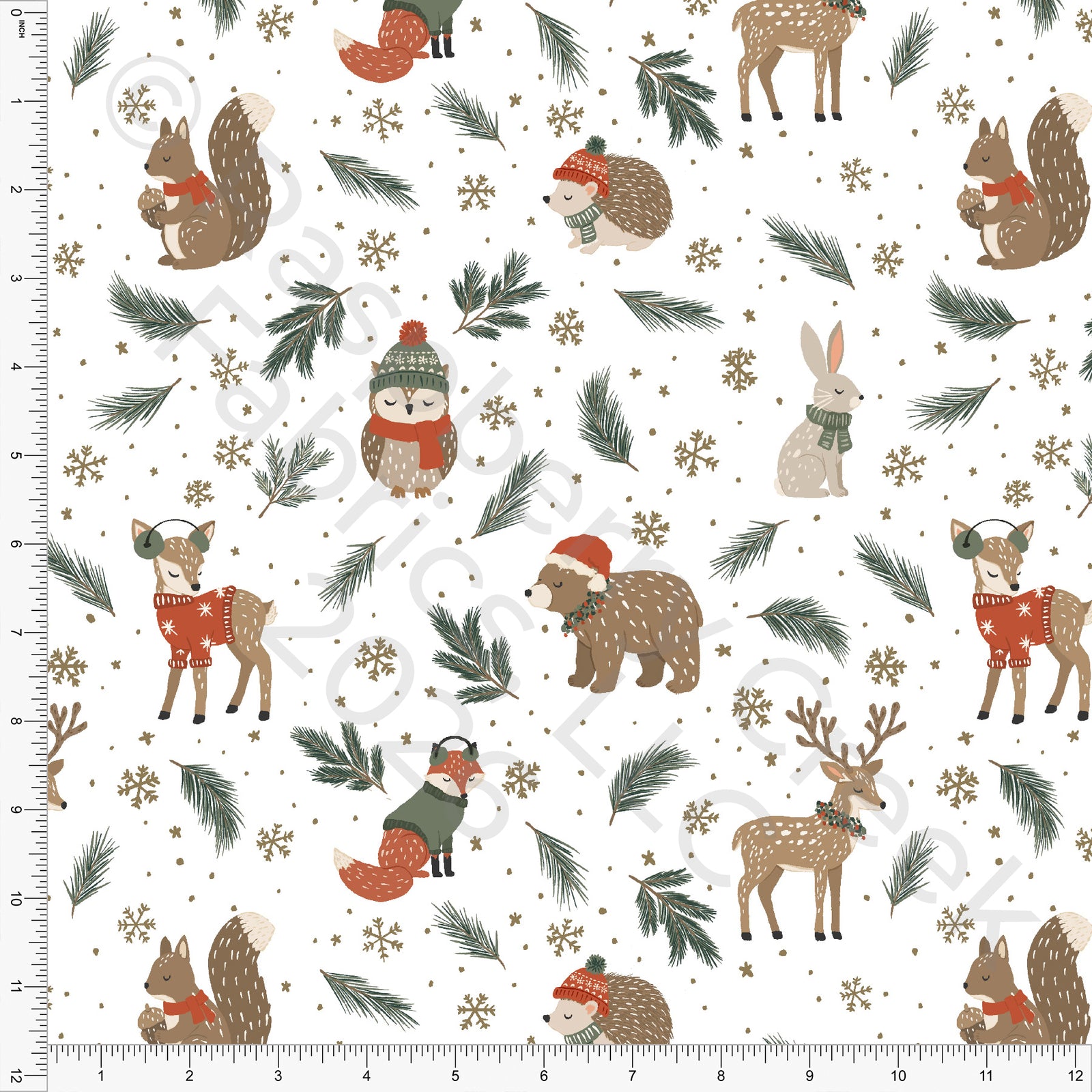 Tonal Khaki Hunter Green Cozy Winter Animals, Woodland Noel by Brittney Laidlaw for CLUB Fabrics