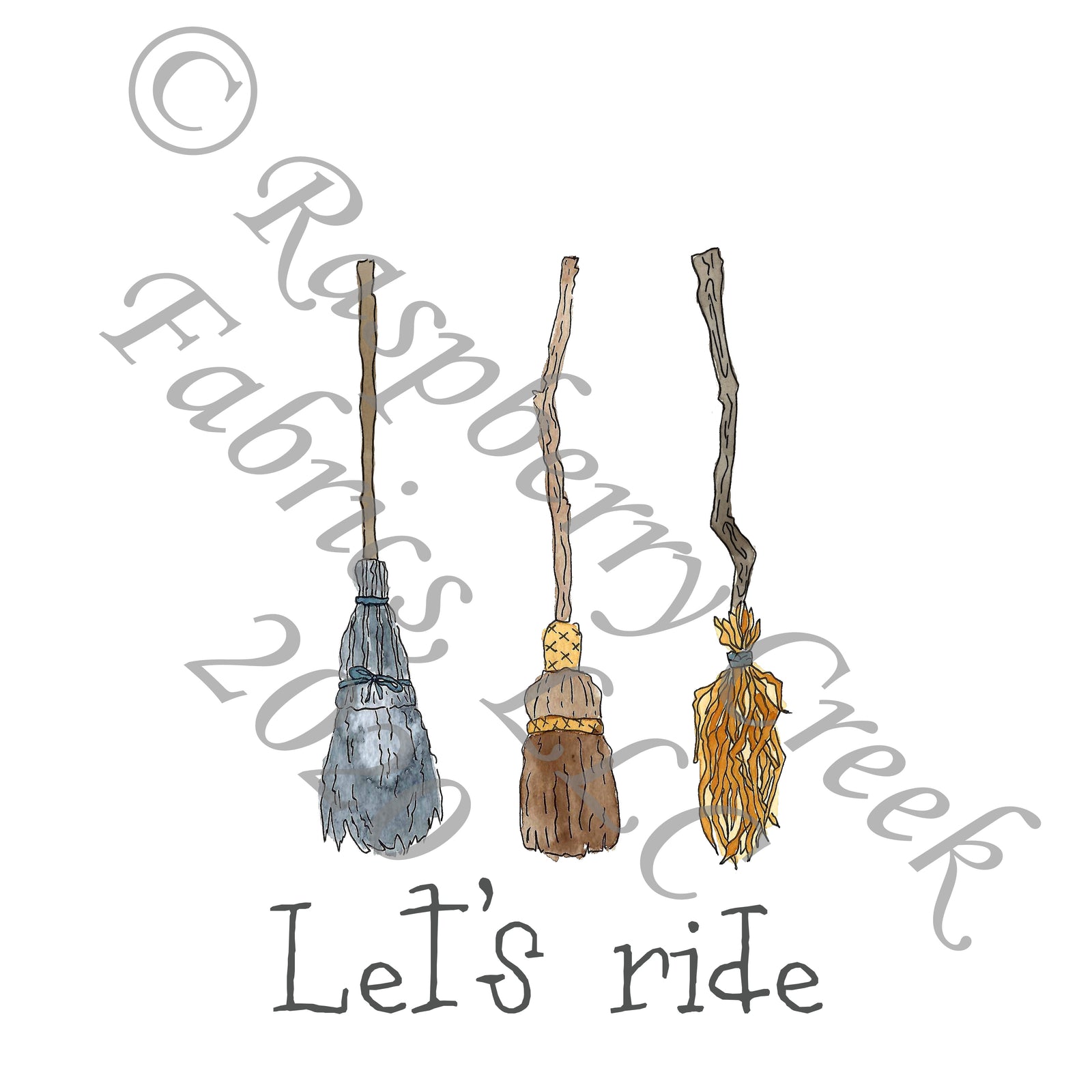 Tonal Brown Red and Green Brooms Panel, Fall Into Halloween By Brittney Laidlaw for Club Fabrics
