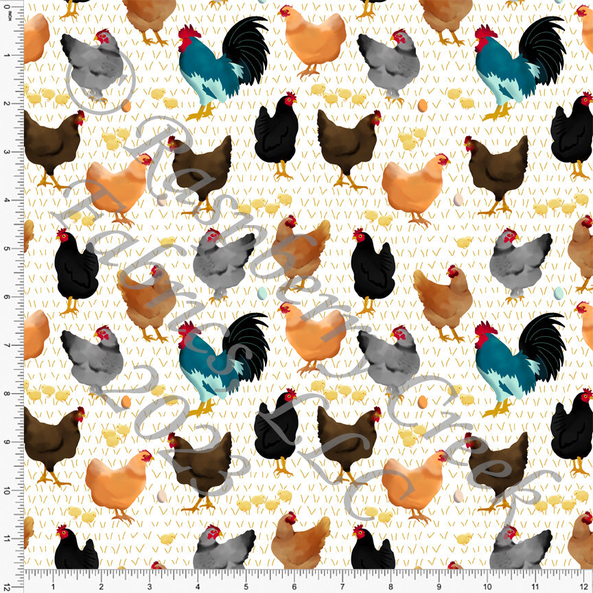 Teal Brown Black Red Orange and Yellow Chicken Print Fabric, Bussin' By Brittany Allen for CLUB Fabrics