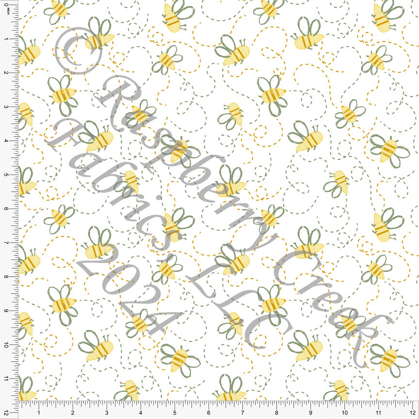 Yellow and Sage Bumble Bee Print Fabric, Buzzing Beeutiful by Nice to Michiyo Design for CLUB Fabrics