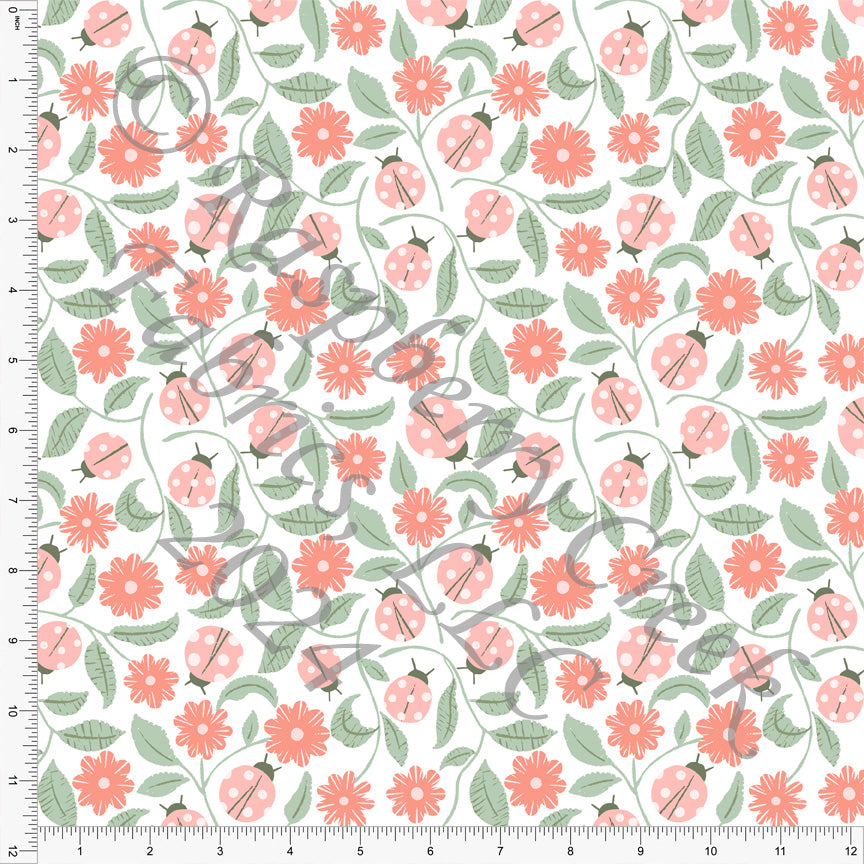 Light Coral and Light Sage Floral Ladybug Print Fabric, Buzzing Beeutiful by Nice to Michiyo Design for CLUB Fabrics