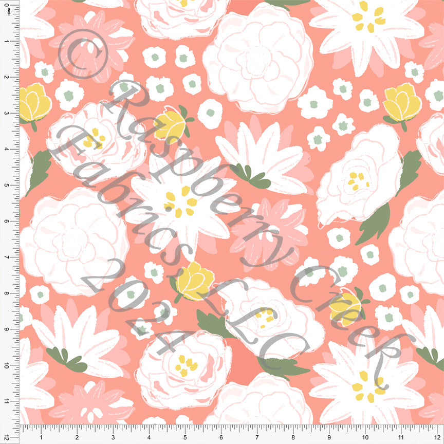 Deep Coral Yellow and Sage Floral Print Fabric, Buzzing Beeutiful by Nice to Michiyo Design for CLUB Fabrics