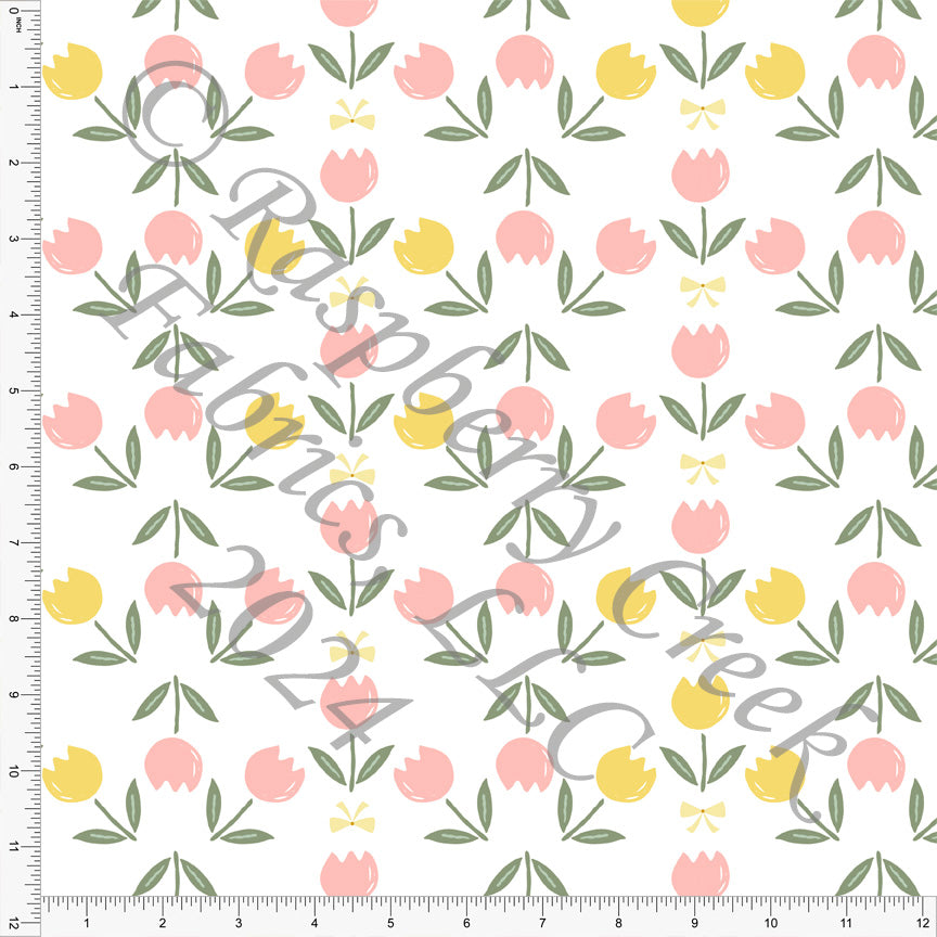 Light Coral Light Sage and Yellow Tulip Print Fabric, Buzzing Beeutiful by Nice to Michiyo Design for CLUB Fabrics