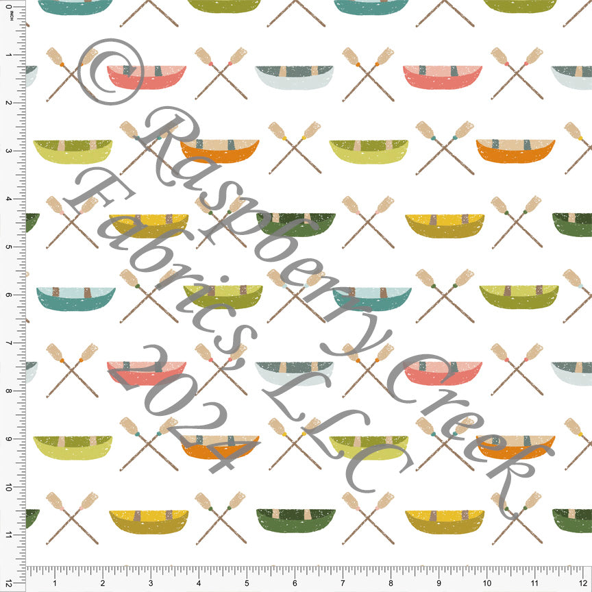 Tonal Pink Green Orange Yellow and Blue Canoe Print Fabric, Camping 2024 by Brittney Laidlaw for CLUB Fabrics