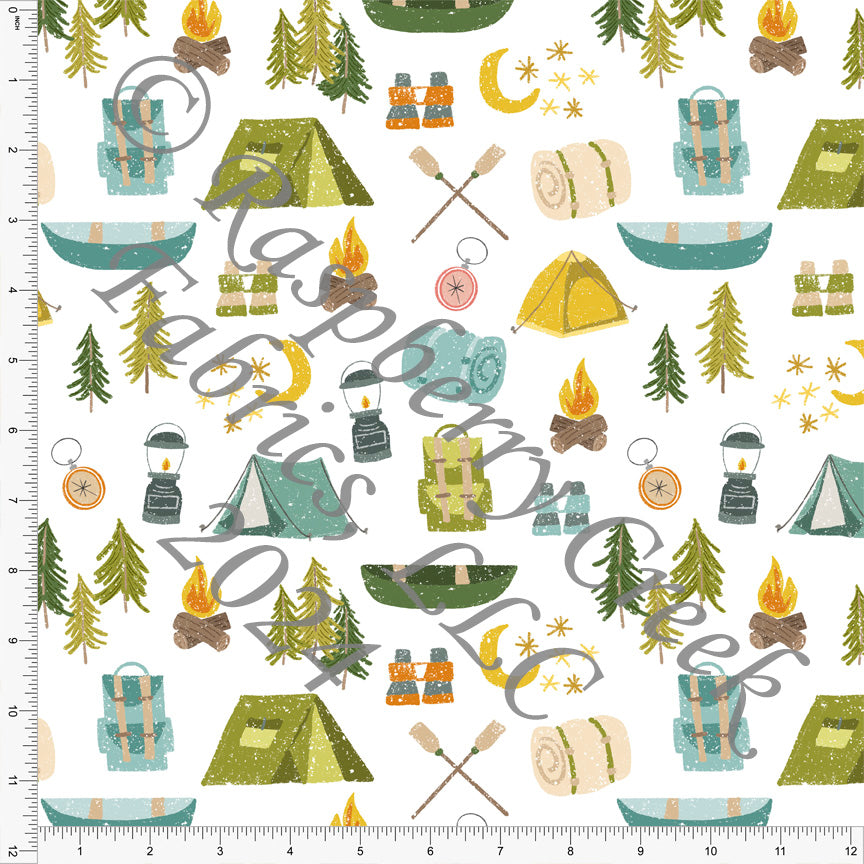 Tonal Green Teal Blue Brown and Yellow Camping Main Print Fabric, Camping 2024 by Brittney Laidlaw for CLUB Fabrics