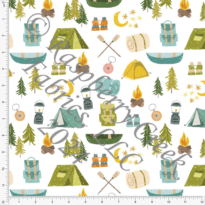 Tonal Green Teal Blue Brown and Yellow Camping Main Print Fabric, Camping 2024 by Brittney Laidlaw for CLUB Fabrics