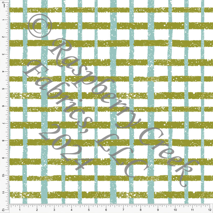 Deep Lime and Blue Plaid Print Fabric, Camping 2024 by Brittney Laidlaw for CLUB Fabrics