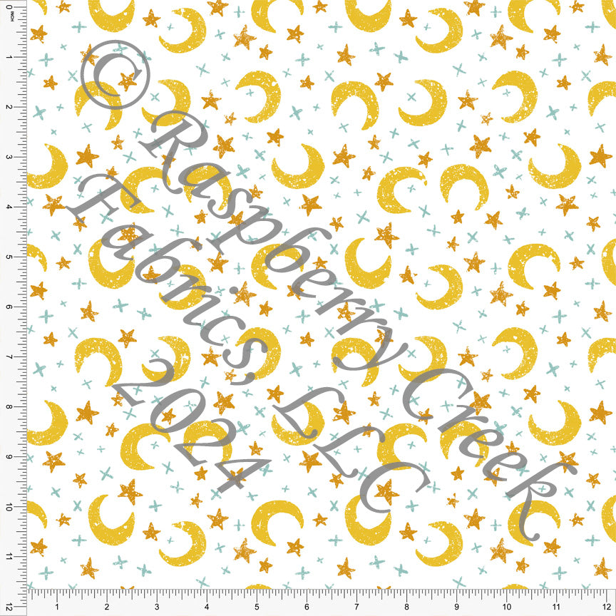 Tonal Yellow and Light Blue Moon and Star Camping Night Sky Print Fabric, Camping 2024 by Brittney Laidlaw for CLUB Fabrics