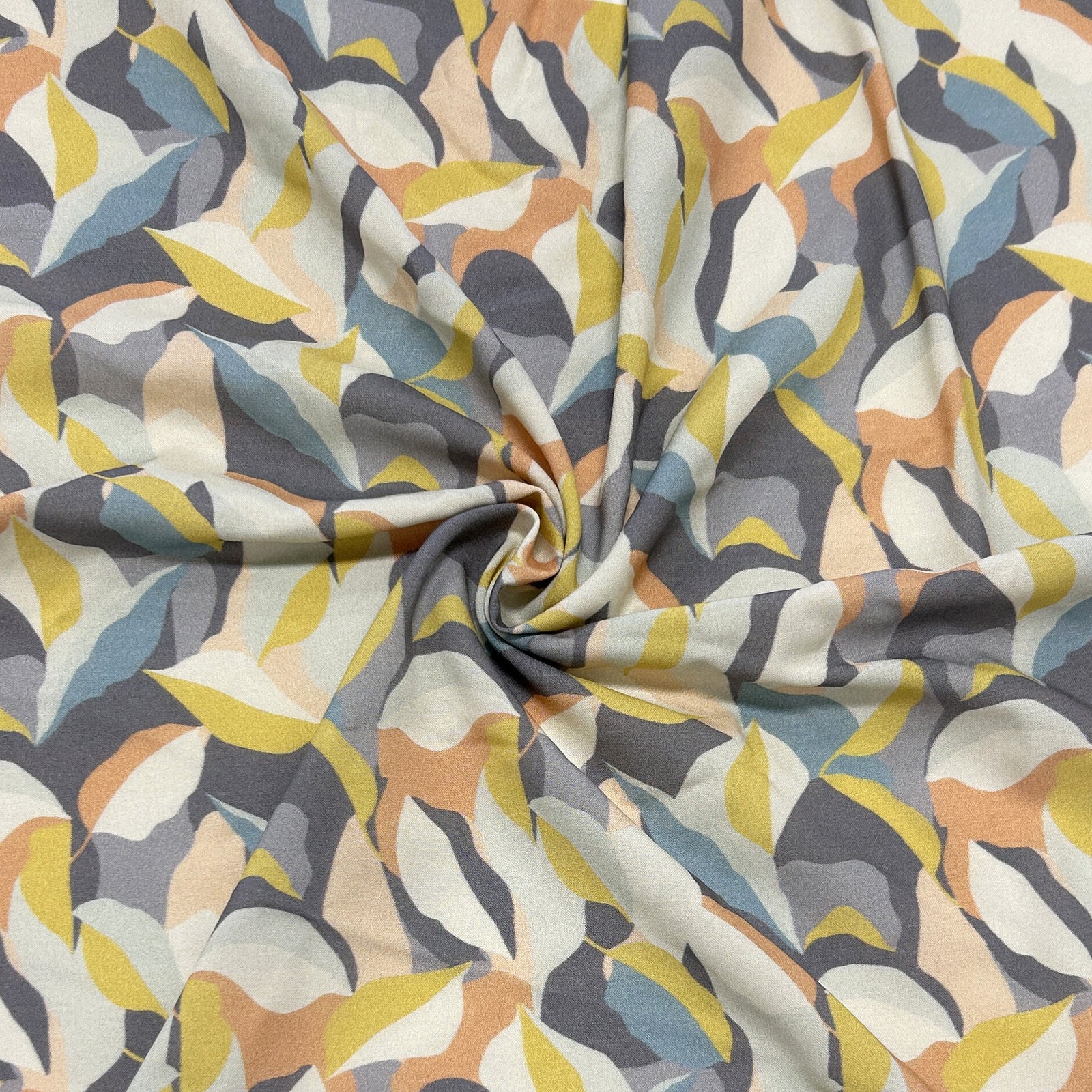 Dark Grey Citron Peach Light Teal and Cream Abstract Leaf Print Rayon Challis, CLUB Fabrics