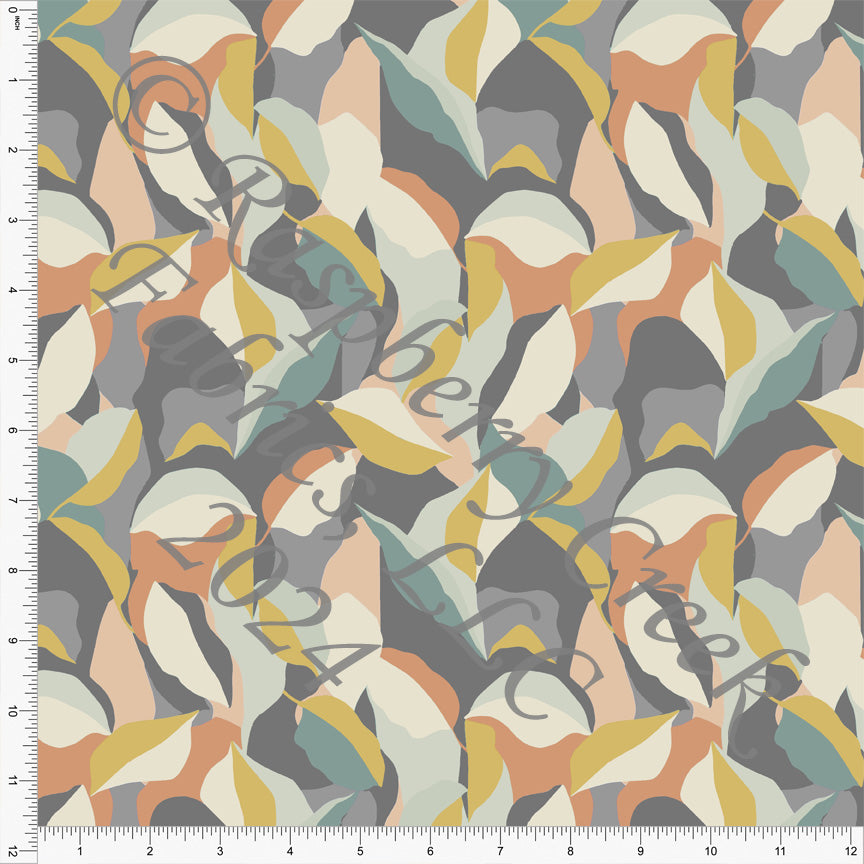 Dark Grey Citron Peach Light Teal and Cream Abstract Leaf Print Rayon Challis, CLUB Fabrics