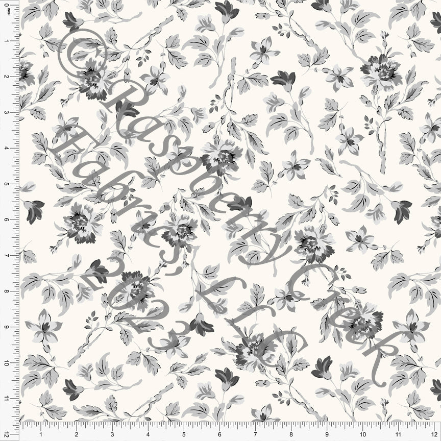 Tonal Grey and Cream Toile Floral Print Rayon Challis, CLUB Fabrics