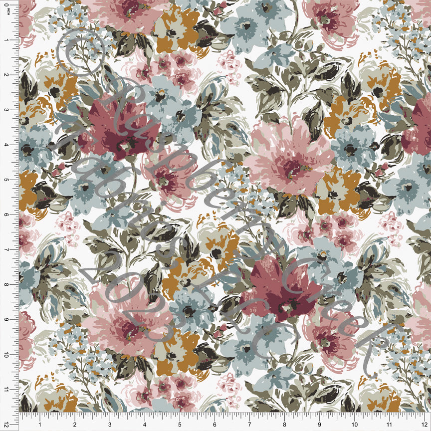Mauve Dusty Blue Sage and Mustard Abstract Watercolor Floral Print Rayon Challis, CLUB Fabrics