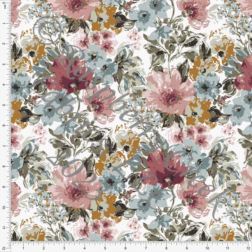 Mauve Dusty Blue Sage and Mustard Abstract Watercolor Floral Print Rayon Challis, CLUB Fabrics