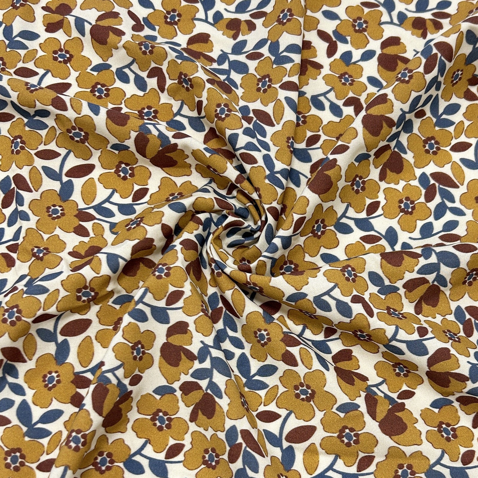 Mustard Burgundy Teal and Cream Floral Print Rayon Challis, CLUB Fabrics
