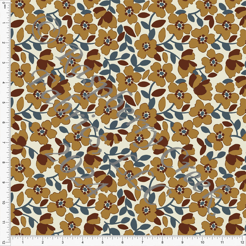 Mustard Burgundy Teal and Cream Floral Print Rayon Challis, CLUB Fabrics