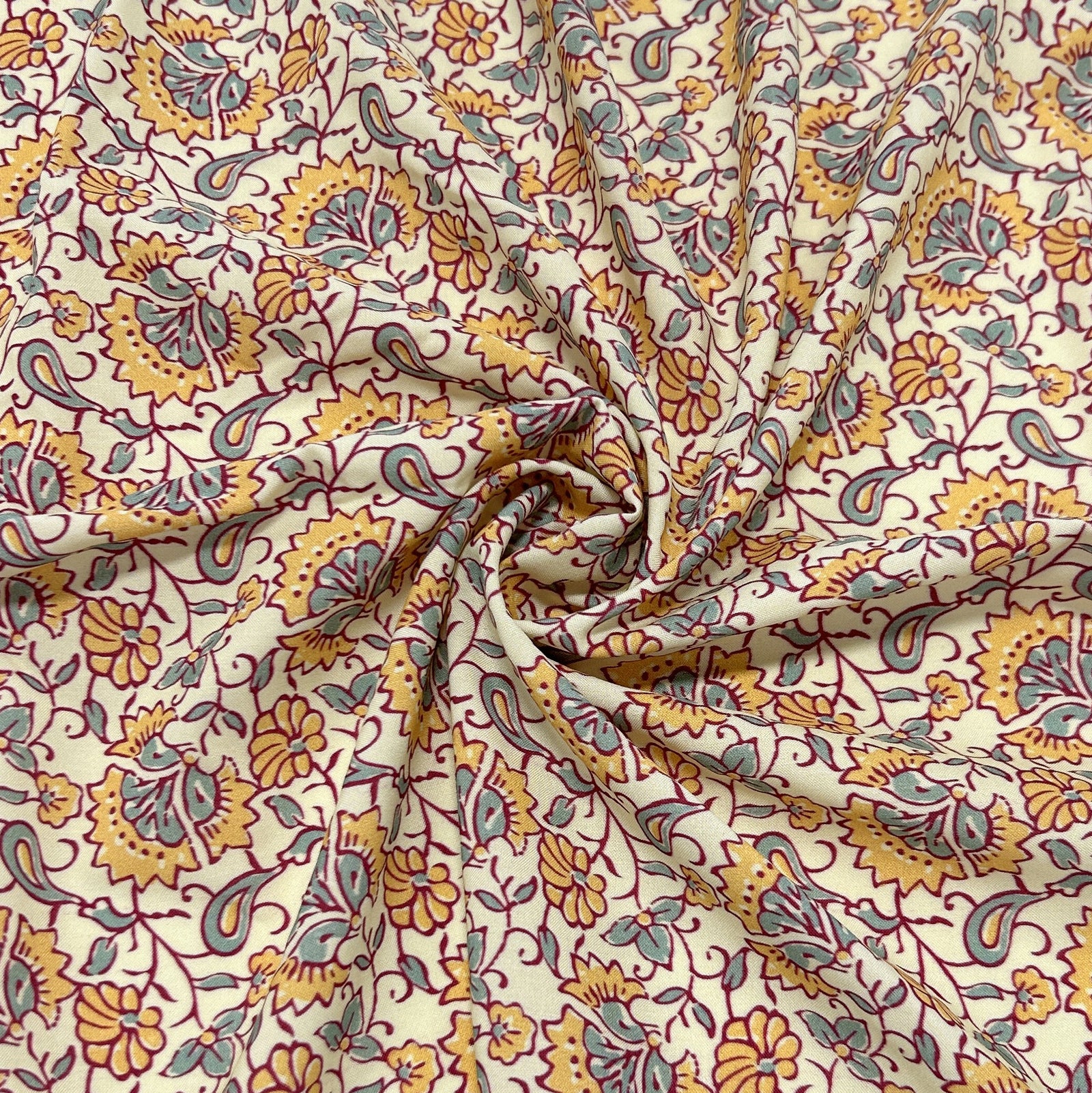 Light Mustard Cream Seafoam and Burgundy Block Print Floral Rayon Challis, CLUB Fabrics