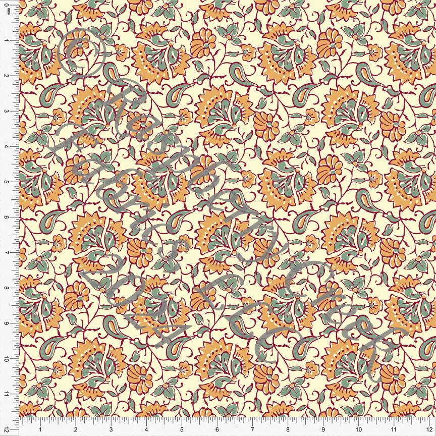 Light Mustard Cream Seafoam and Burgundy Block Print Floral Rayon Challis, CLUB Fabrics