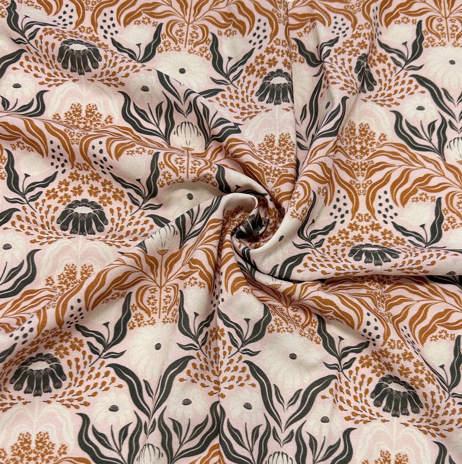 Dusty Pink Cream Rust and Charcoal Block Print Floral Rayon Challis, CLUB Fabrics