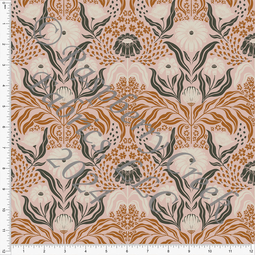 Dusty Pink Cream Rust and Charcoal Block Print Floral Rayon Challis, CLUB Fabrics
