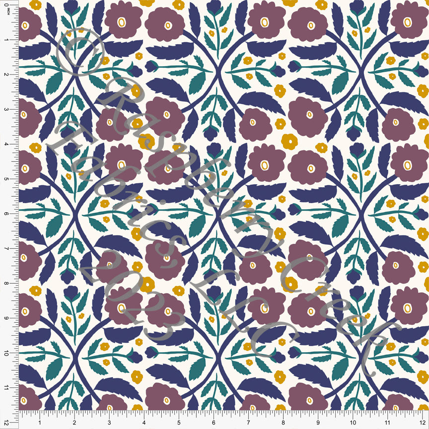 Dusty Purple Cobalt Teal and Mustard Retro Floral Print Rayon Challis, CLUB Fabrics