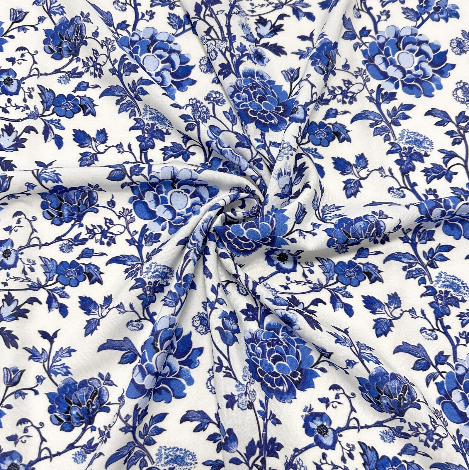 Tonal Royal Navy Light Blue and Cream Block Print Floral Rayon Challis, CLUB Fabrics