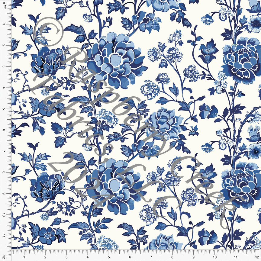 Tonal Royal Navy Light Blue and Cream Block Print Floral Rayon Challis, CLUB Fabrics
