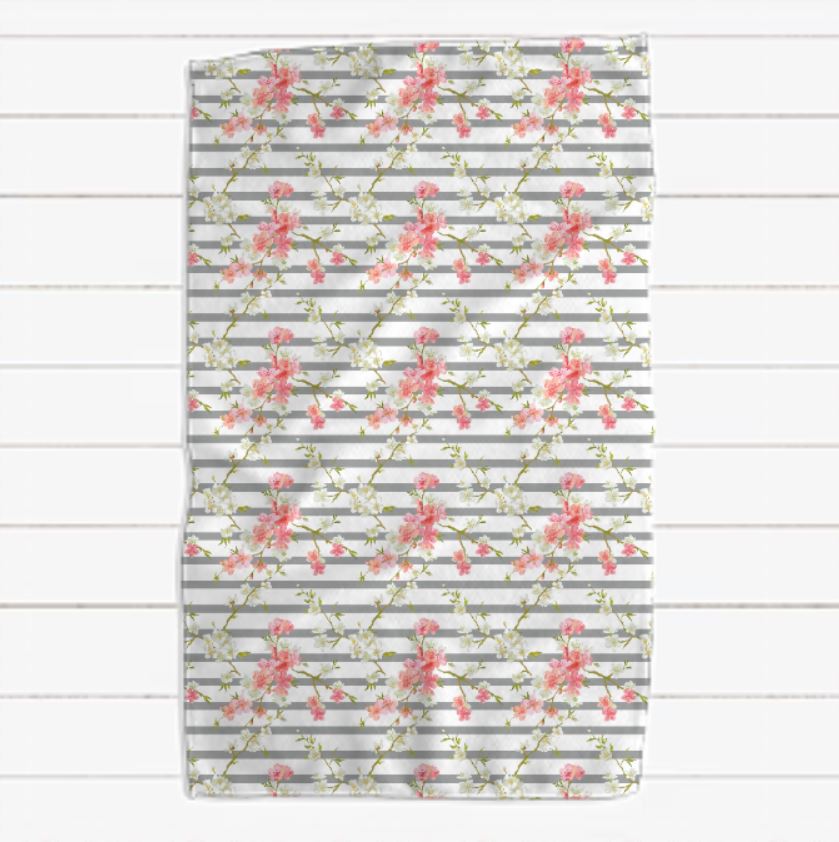 Coral Pink Grey and White Cherry Blossom Stripe Waffle Towel