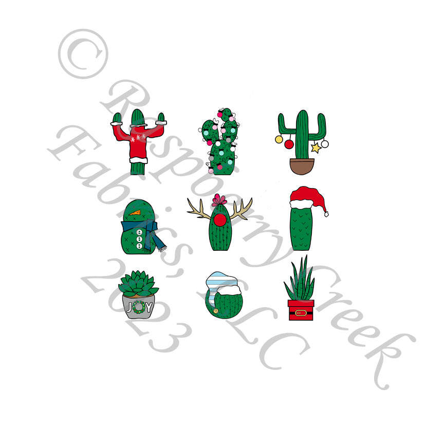 Green Red Blue and Grey Christmas Cactus Panel By Brittney Laidlaw for Club Fabrics