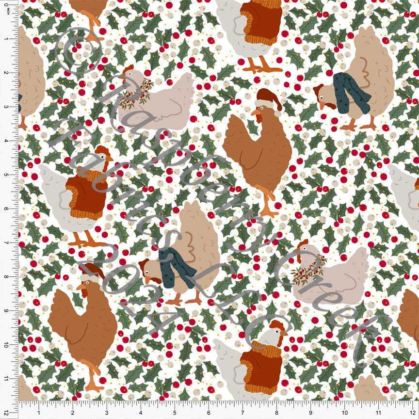 Red Dark Sage Rust Tan Cream and Deep Teal Christmas Chicken Print Fabric, Christmas Chickens by Brittney Laidlaw for CLUB Fabrics