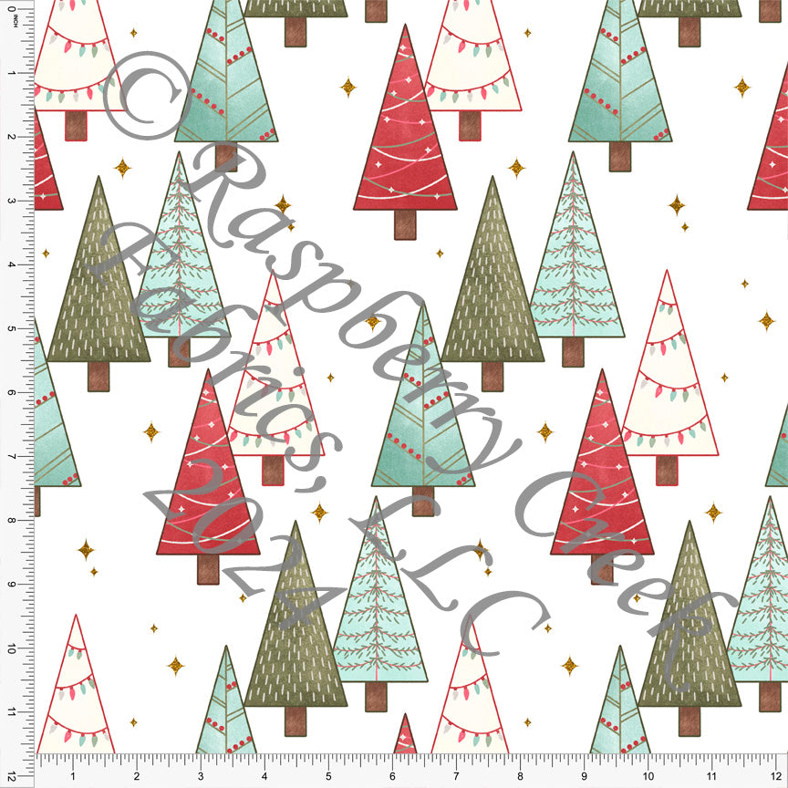 Tonal Red Olive Seafoam and Cream Christmas Tree Print Fabric, Christmas Cookie by Krystal Winn Designs for CLUB Fabrics