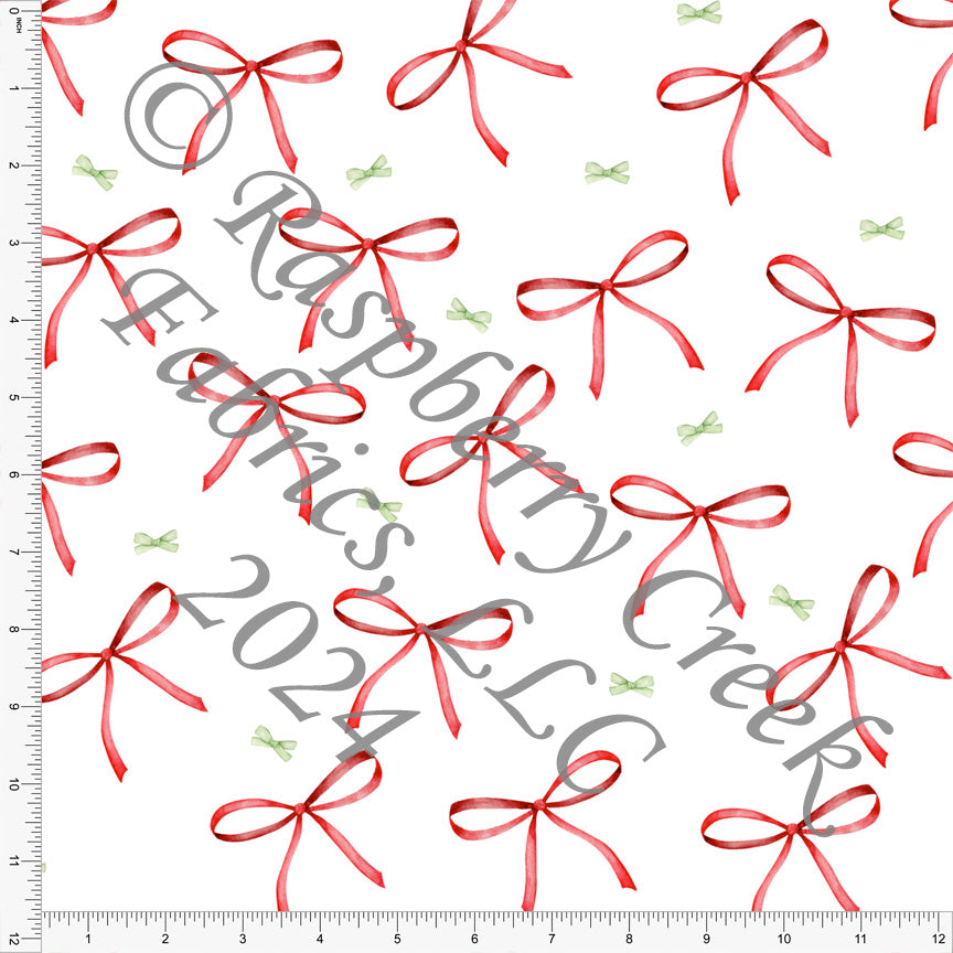 Red and Light Green Christmas Bow Print Fabric, Christmas Morning by Bri Powell for CLUB Fabrics