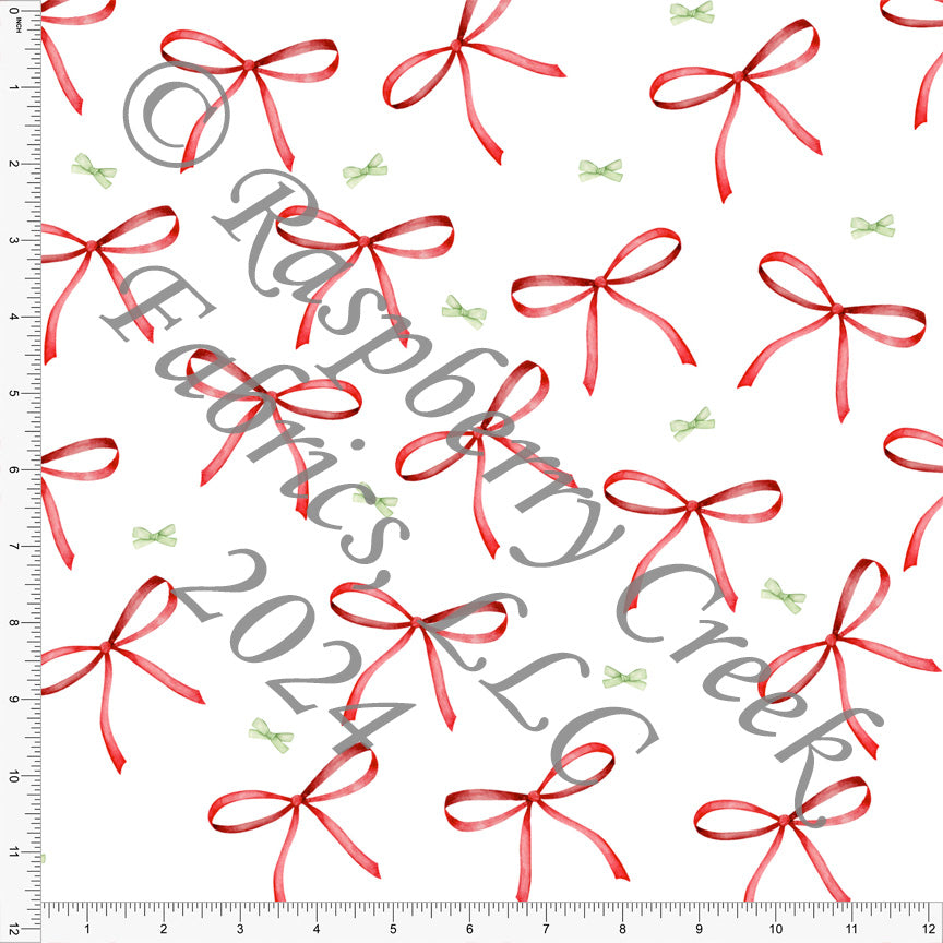 red-and-light-green-christmas-bow-print-fabric-christmas-morning-by-bri-powell-for-club-fabrics-fabric-raspberry-creek-fabrics