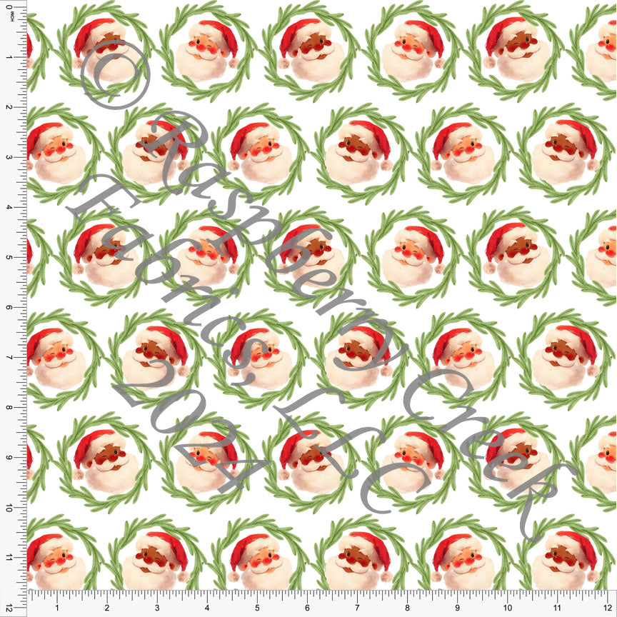 Light Green Red and Cream Santa Wreath Print Fabric, Christmas Morning by Bri Powell for CLUB Fabrics