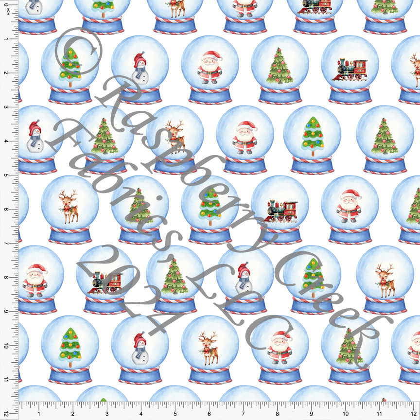 Light Blue Kelly Green and Red Christmas Snow Globe Print Fabric, Christmas Morning by Bri Powell for CLUB Fabrics