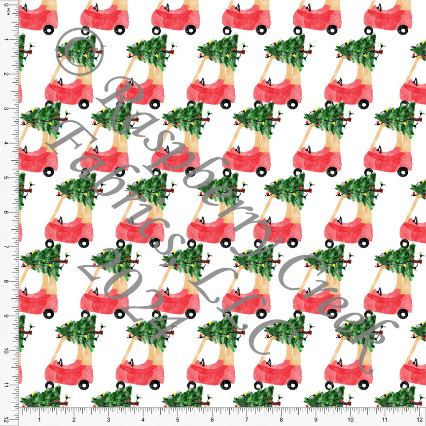 Kelly Green Red and Khaki Cozy Coup Toy Car Print Fabric, Christmas Morning by Bri Powell for CLUB Fabrics