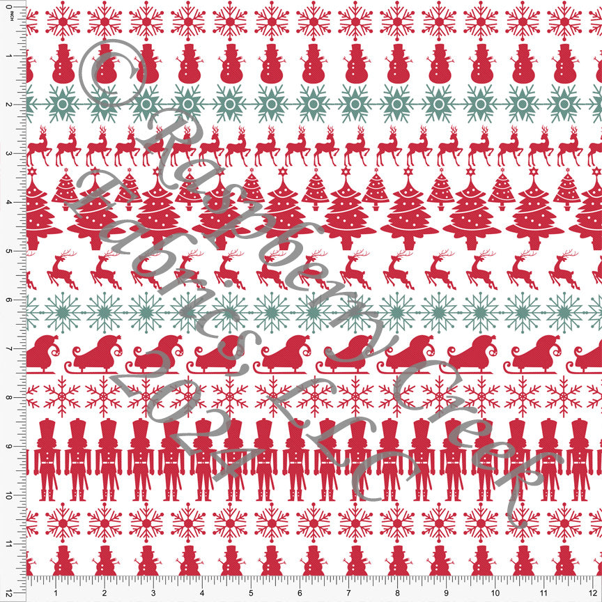 Light Hunter Green and Red Fair Isle Stripe Print Fabric, Christmas Past by Bri Powell for CLUB Fabrics