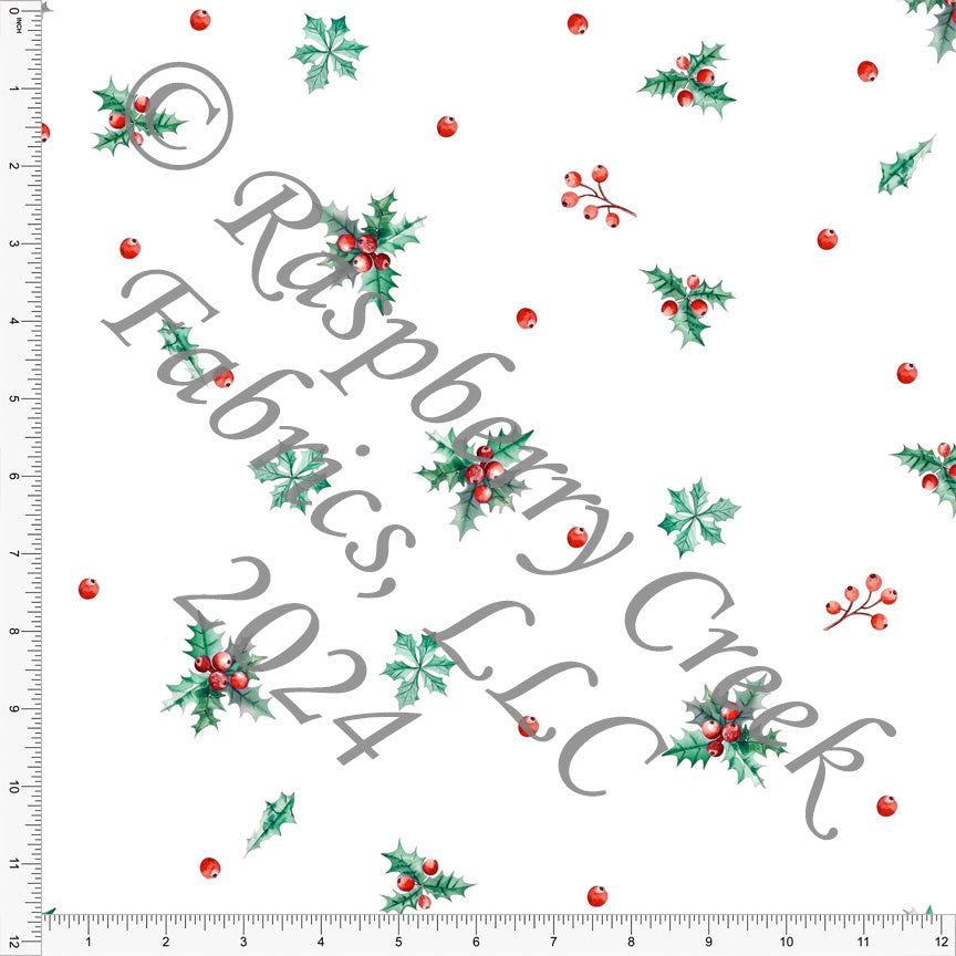 Light Hunter Green and Red Holly Berry Print Fabric, Christmas Past by Bri Powell for CLUB Fabrics