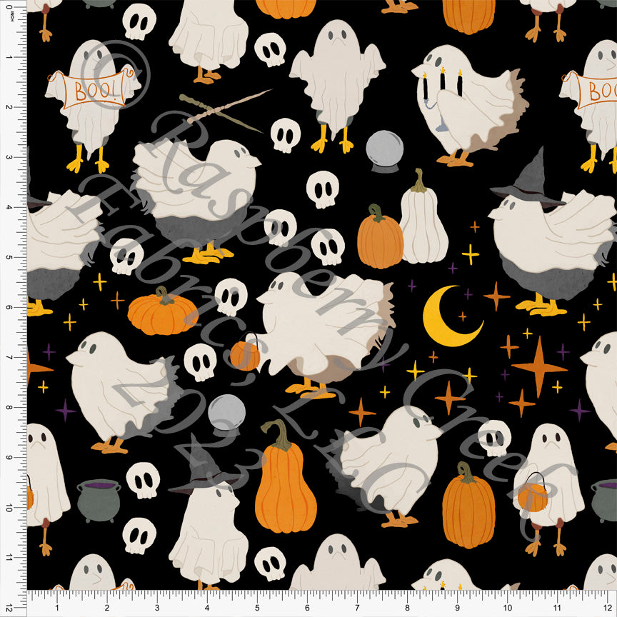 Black Orange Mustard Grey and White Ghost Chicken Print Fabric, Classic Halloween by Brittney Laidlaw for CLUB Fabrics