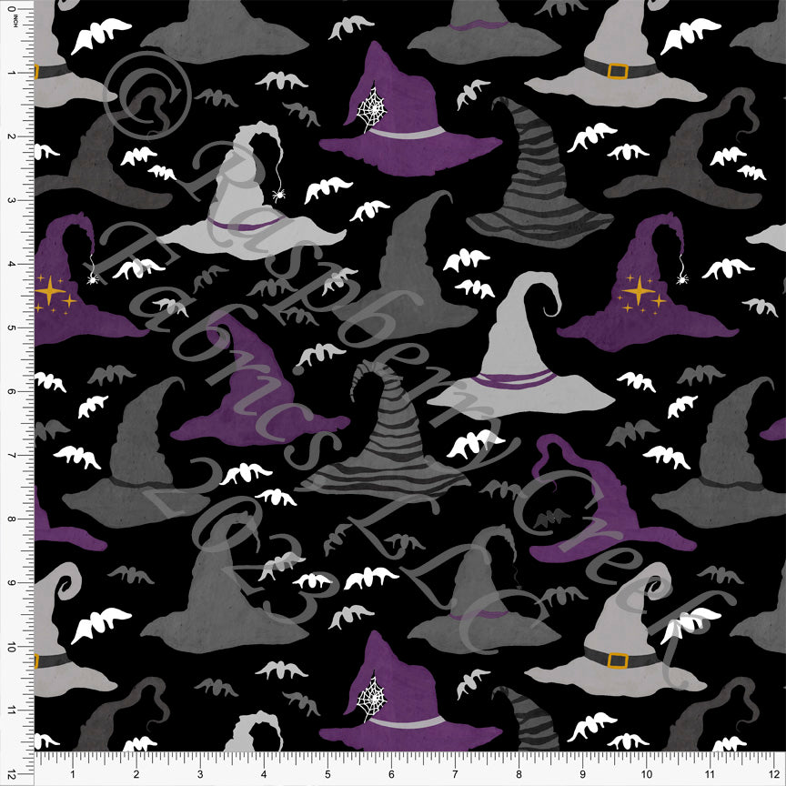 Black Grey Pruple and Mustard Witch Hat Print Fabric, Classic Halloween by Brittney Laidlaw for CLUB Fabrics