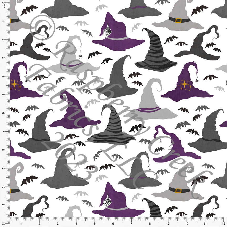 Eggplant Purple Black Grey and Charcoal Witch Hat Print Fabric, Classic Halloween by Brittney Laidlaw for CLUB Fabrics